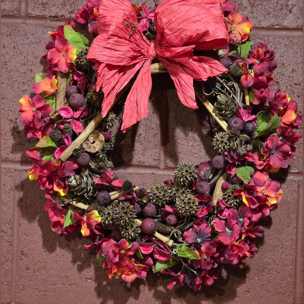 Festive Fall Grapevine Wreath w/ Faux Flowers, Natural Pinecones and Much More!